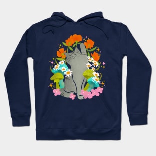 Gray Cat Mushroom and Flower Design: Enchanting Feline Flora Hoodie